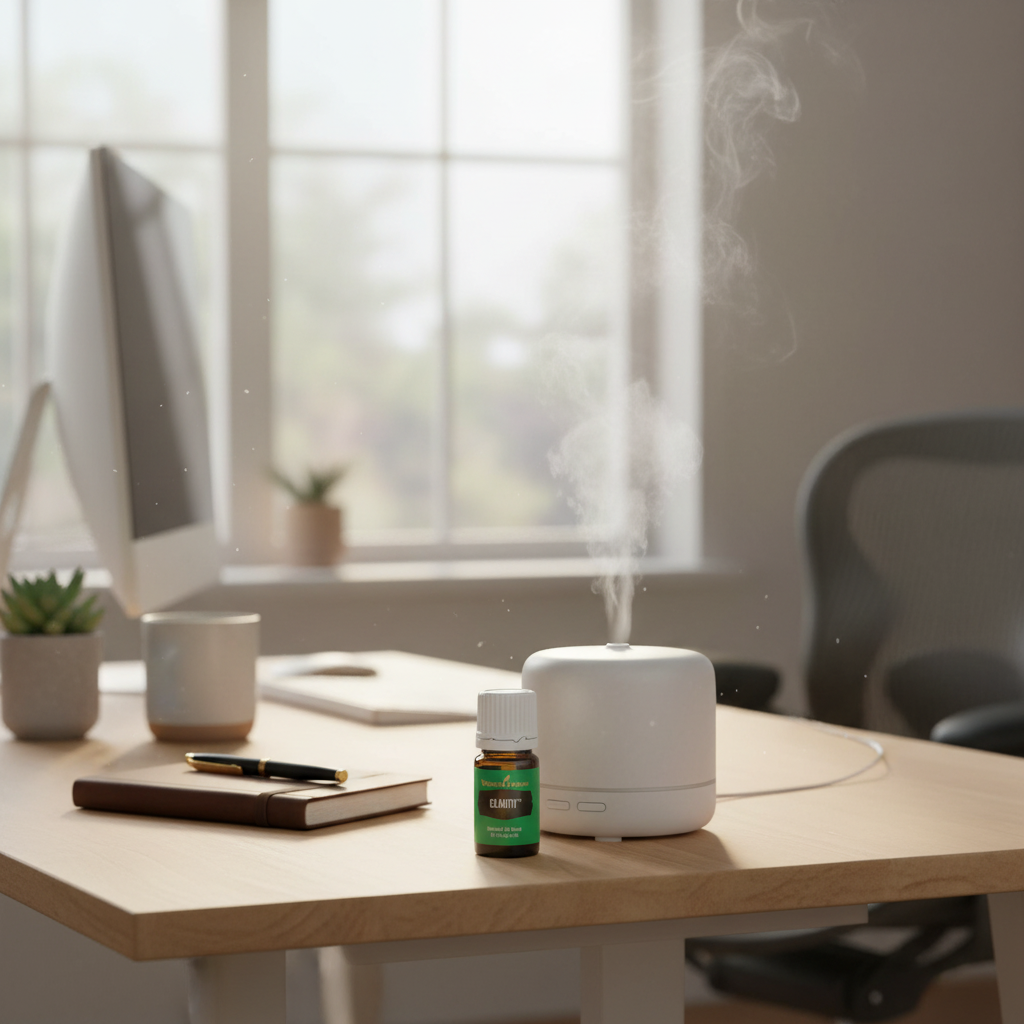 Clarity bottle next to diffuser in home office — for mental clarity and alertness
