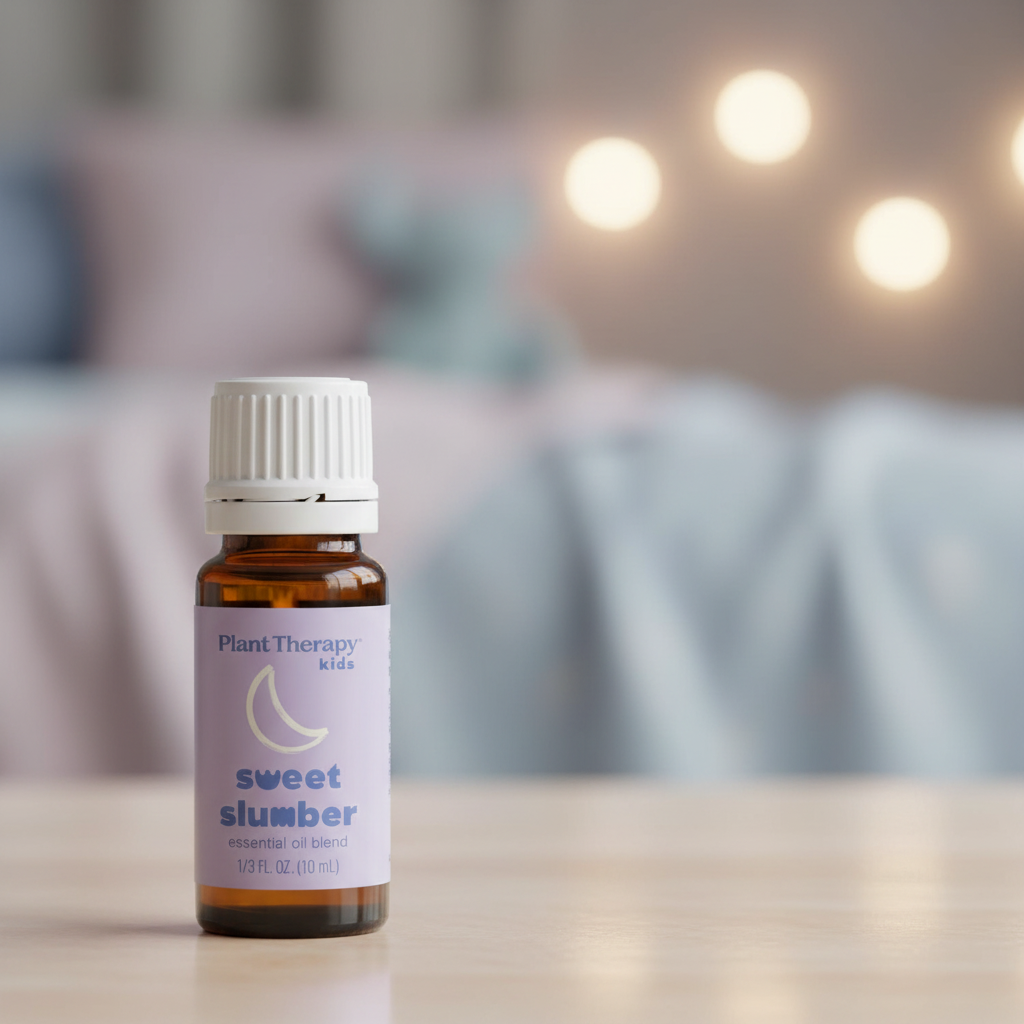 Sweet Slumber bottle label close-up with bokeh bedroom background