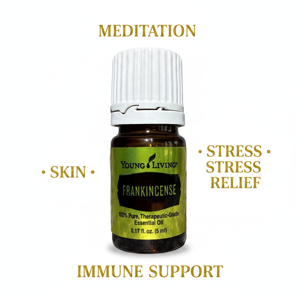 Frankincense essential oil uses infographic - meditation skin care stress relief immune support