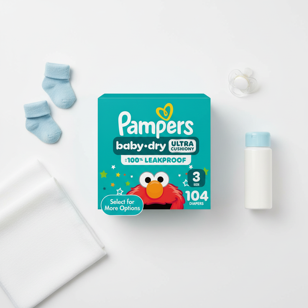 Pampers Baby Dry Size 3 flat lay with baby essentials