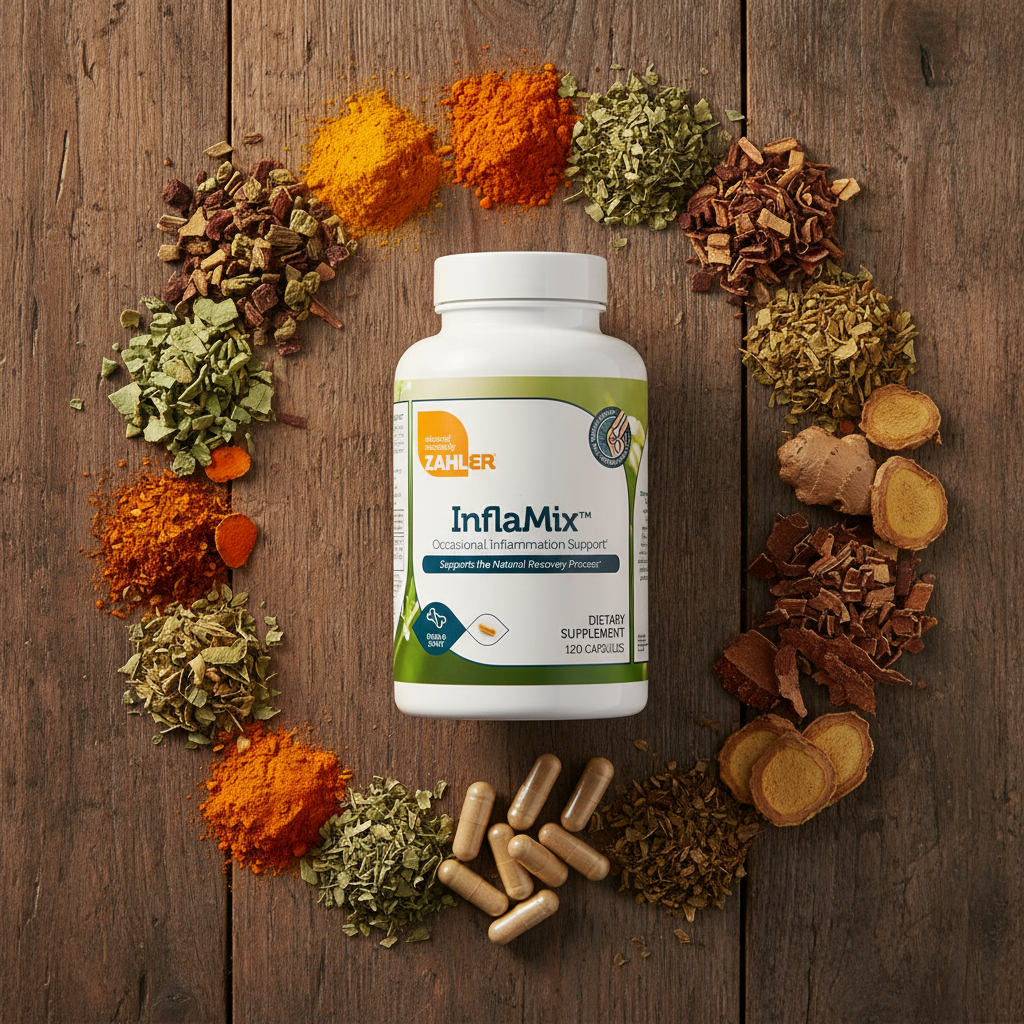 InflaMix flat lay with anti-inflammatory herbs on wooden surface