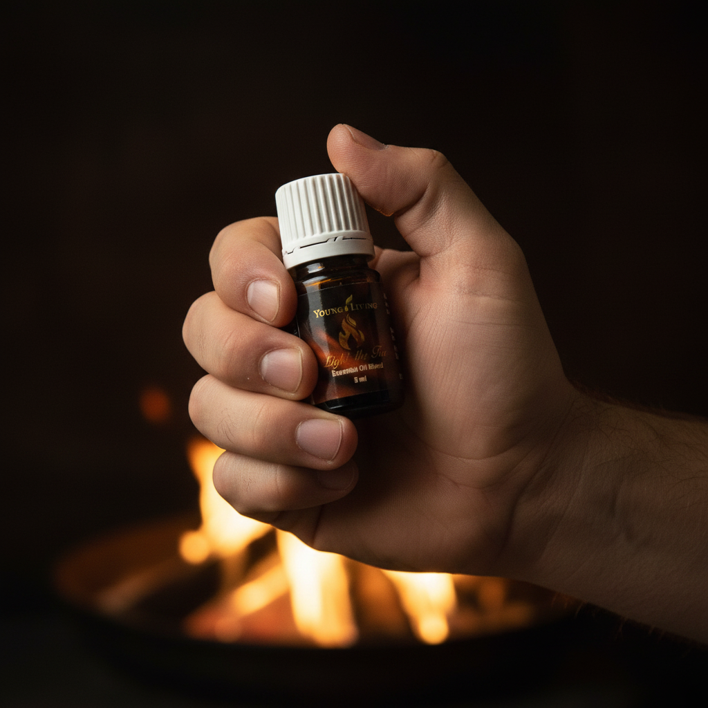 Light the Fire essential oil held confidently in hand with dramatic firelight background