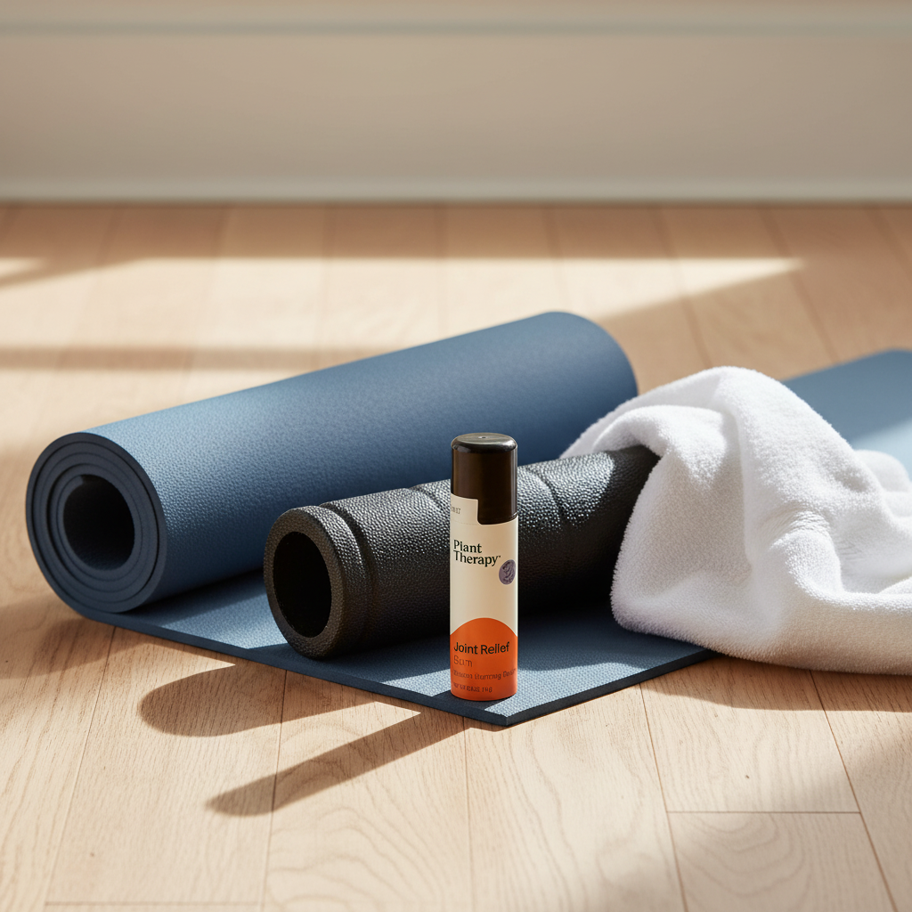 Plant Therapy Joint Relief Balm with yoga mat foam roller and towel