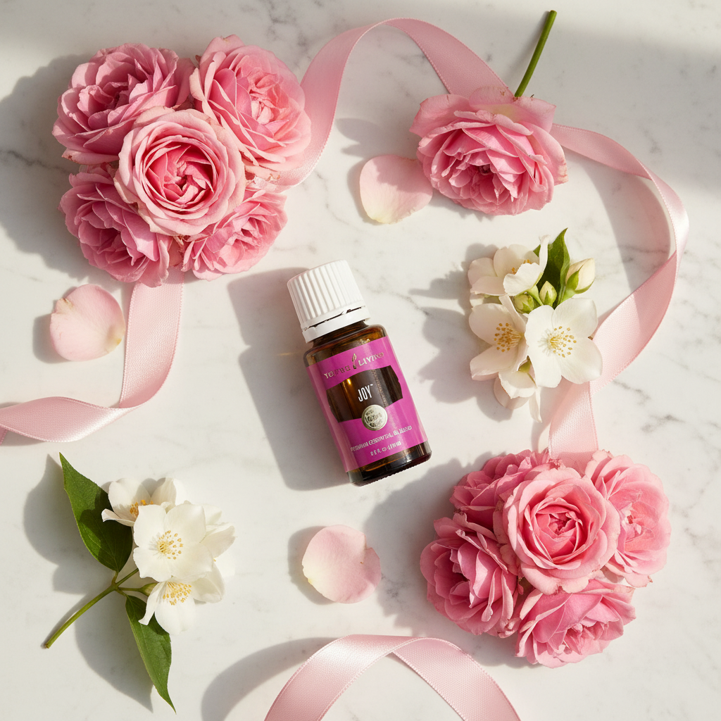 Young Living Joy essential oil flat lay on marble with pink roses and jasmine blossoms