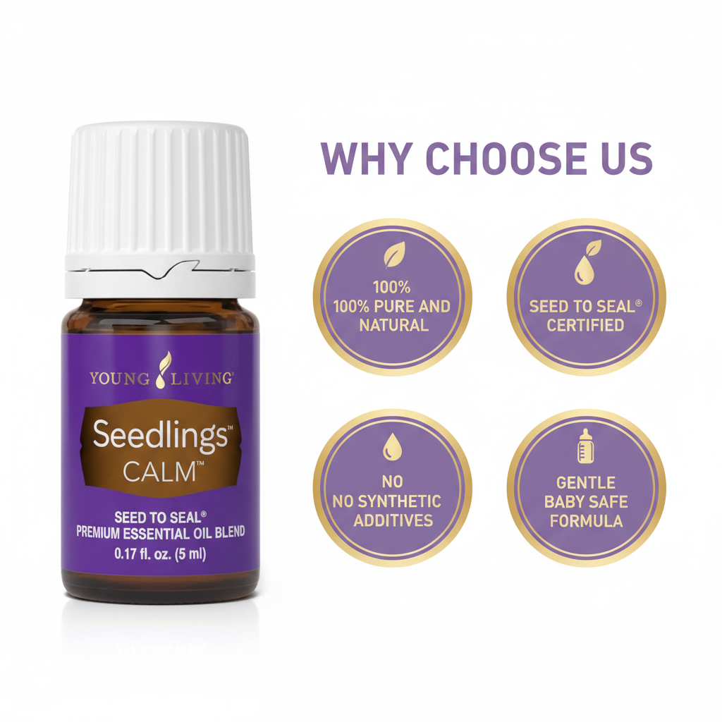 Seedlings Calm Essential Oil quality badges infographic
