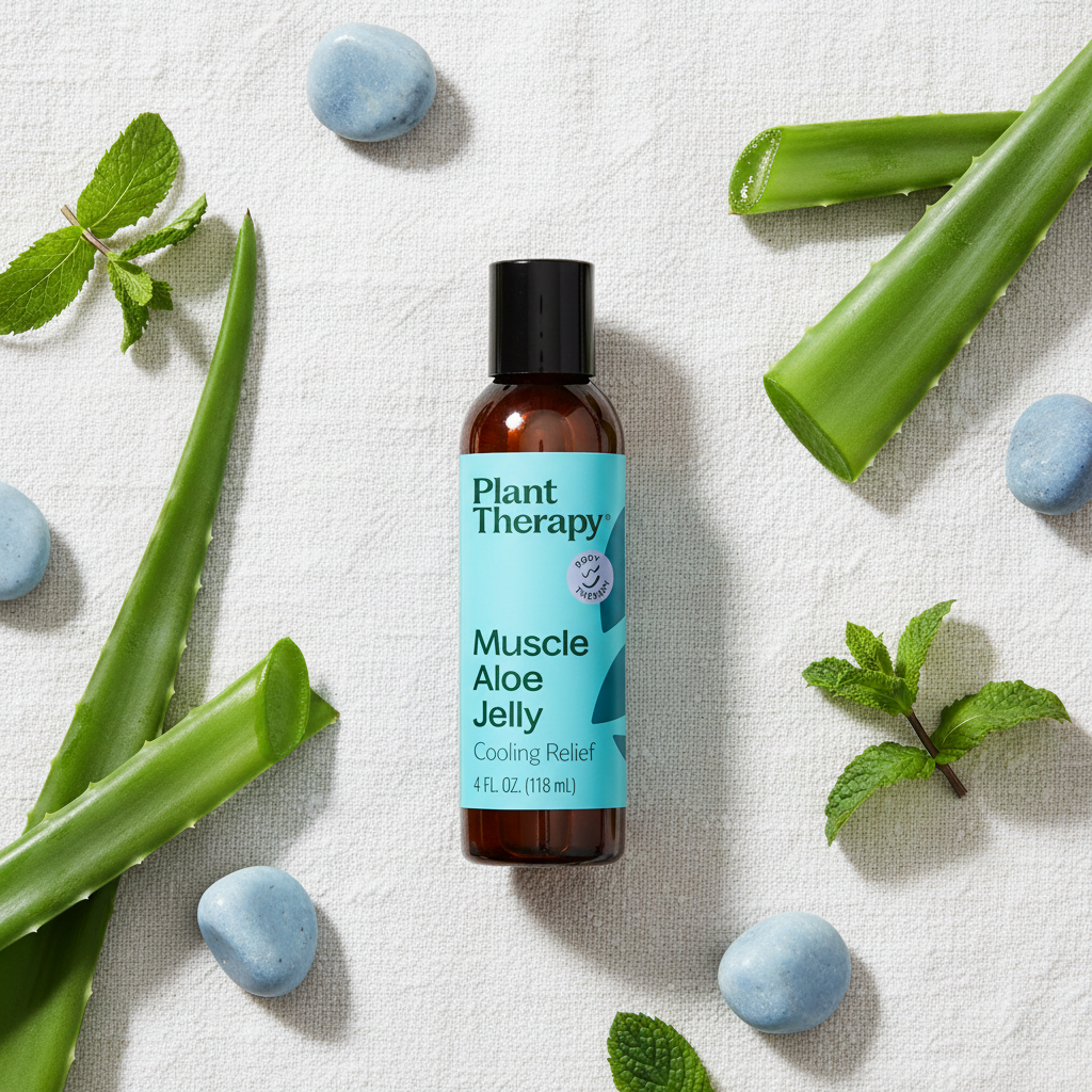 Plant Therapy Muscle Aloe Jelly flat lay on white linen with aloe and blue stones