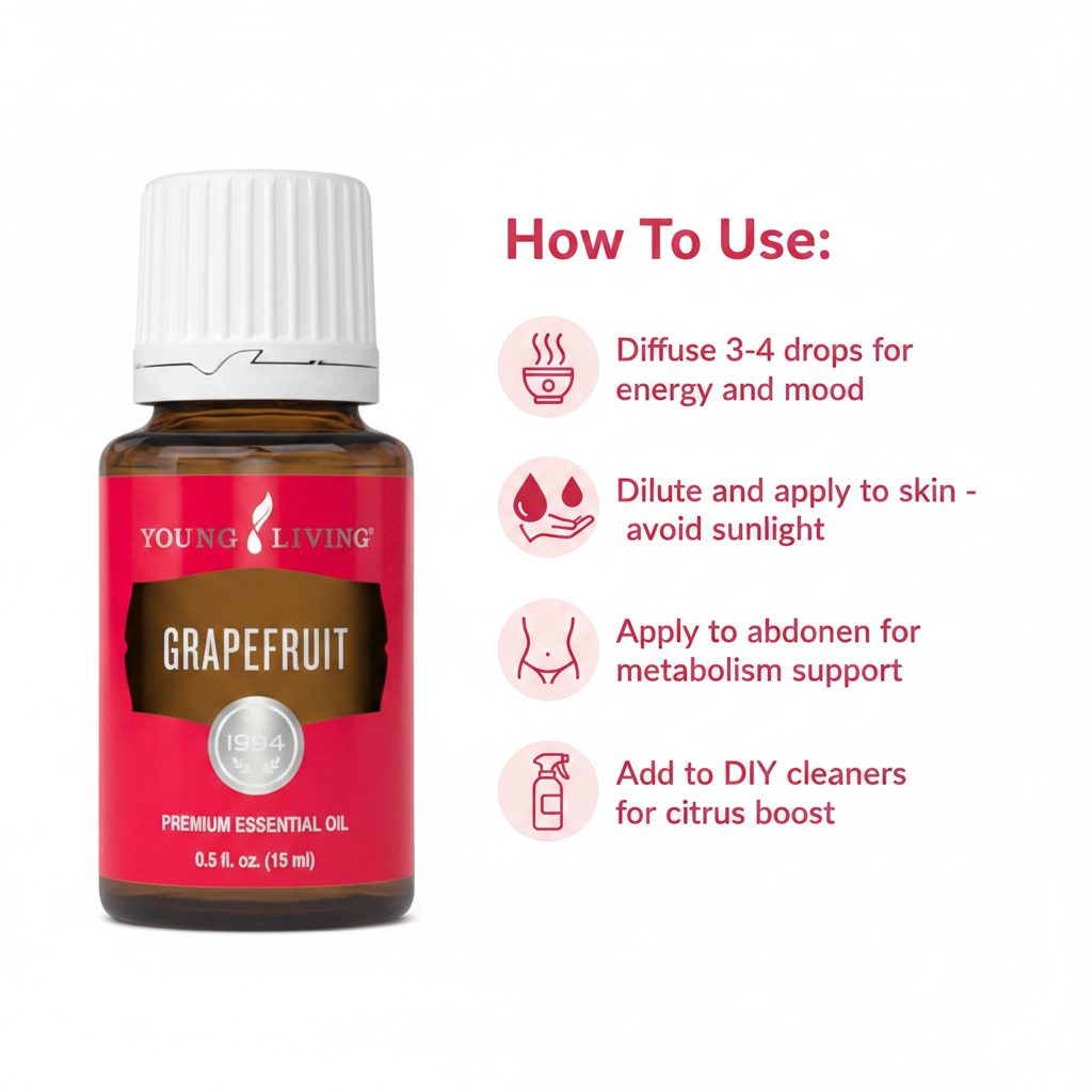 Grapefruit how to use infographic - Diffuse, Topical, Metabolism Support, DIY Cleaners