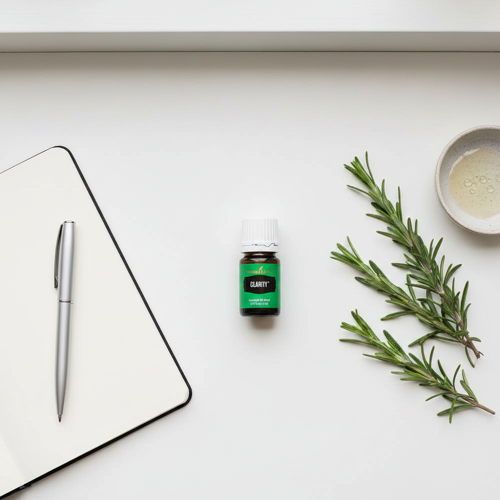 Clarity bottle on desk with notebook and rosemary — for focus and productivity
