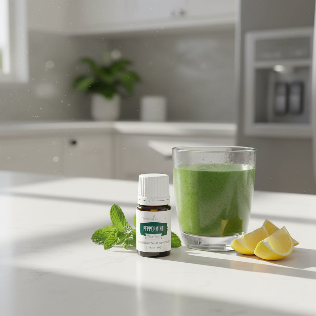 Peppermint Vitality essential oil on kitchen counter with smoothie, mint sprigs and morning sunlight