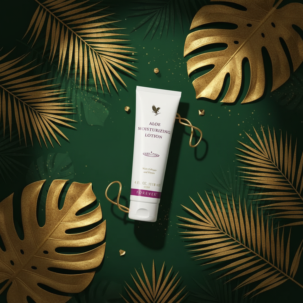 Forever Aloe Moisturizing Lotion on deep forest green and gold background