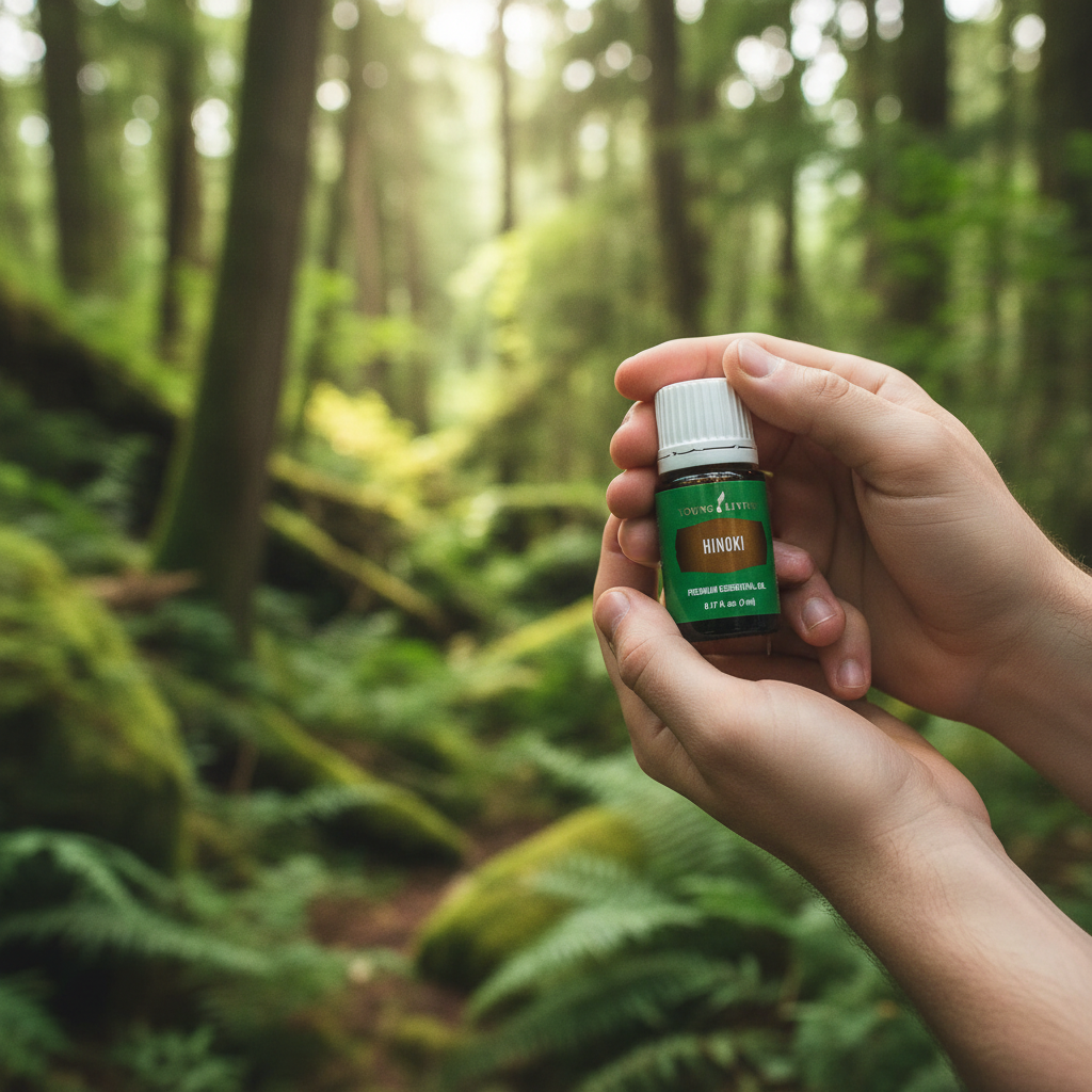 Hinoki bottle held in hands in lush green forest