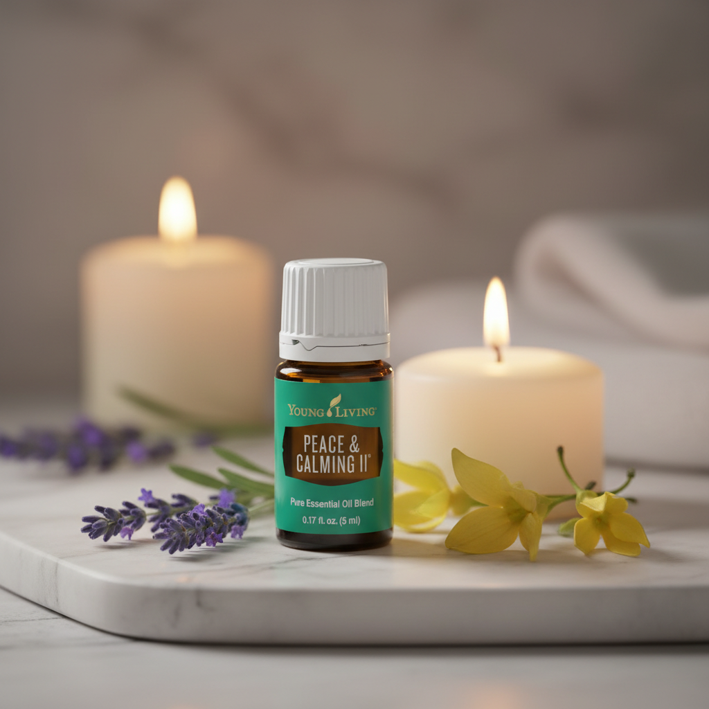 Peace & Calming II essential oil on marble with lavender and ylang ylang flowers