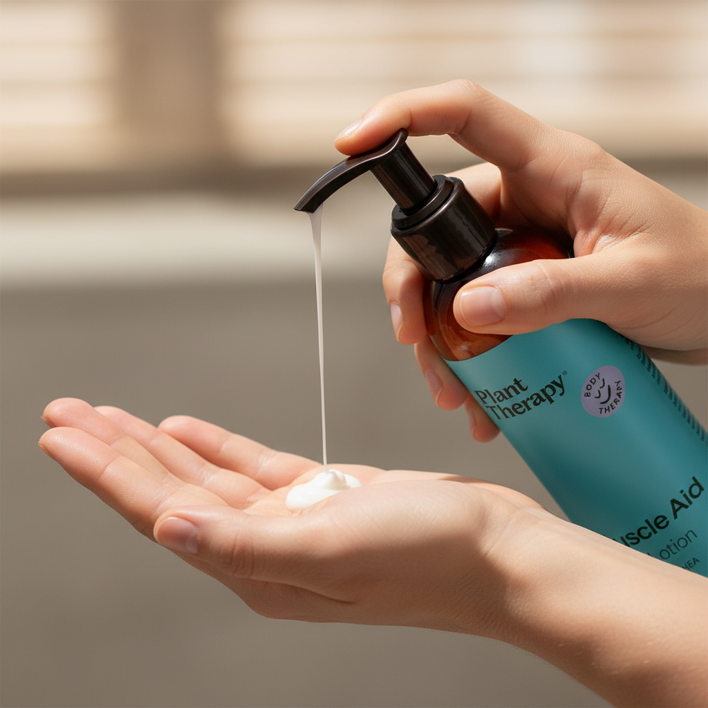 Plant Therapy Muscle Aid Body Lotion being dispensed onto hands