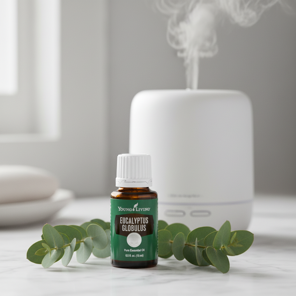 Young Living Eucalyptus Globulus oil bottle on white marble with diffuser misting