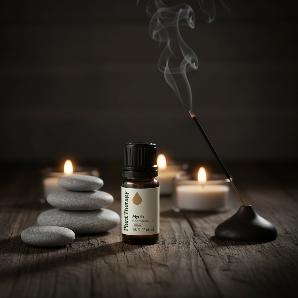 Plant Therapy Myrrh Essential Oil with meditation stones and incense