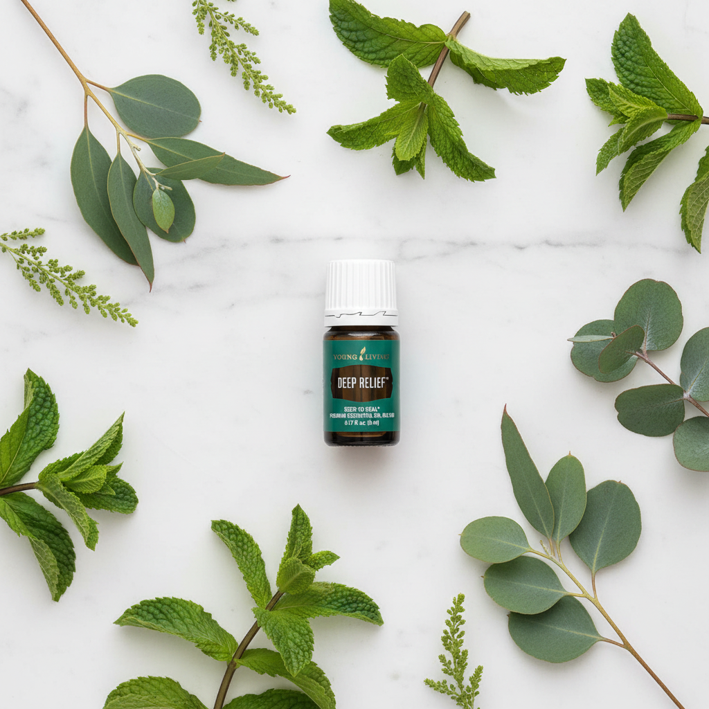 Young Living Deep Relief flat lay botanical
