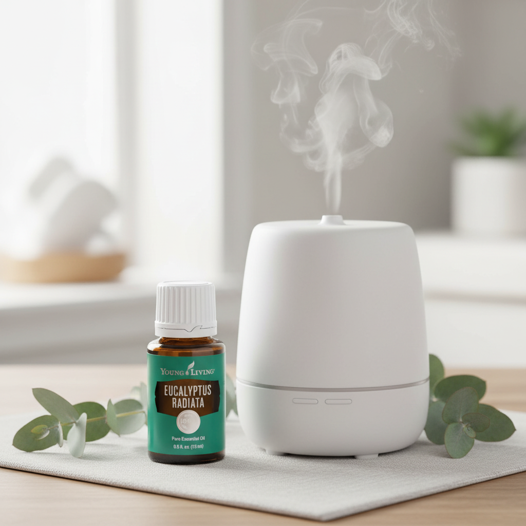 For Air Purification & Immune Support — Eucalyptus Radiata bottle next to ceramic diffuser with mist on white linen