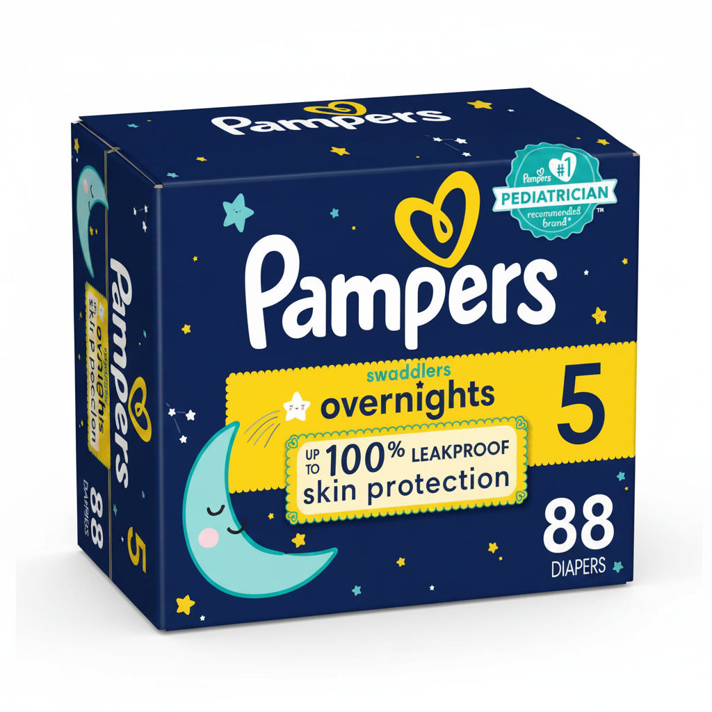 Pampers Swaddlers Overnights Size 5 diapers angled studio view