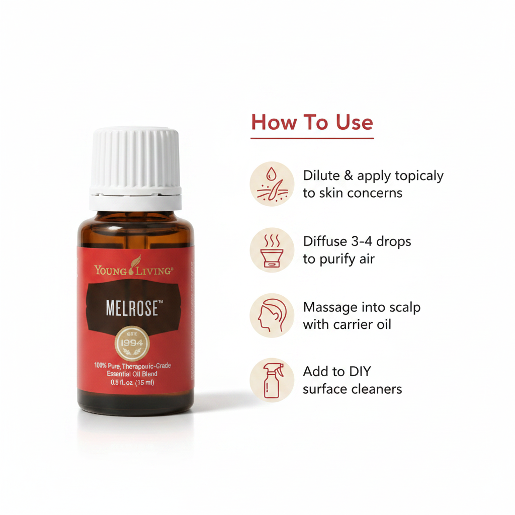 Melrose essential oil how to use infographic - Topical, Diffuse, Scalp Massage, DIY Cleaners