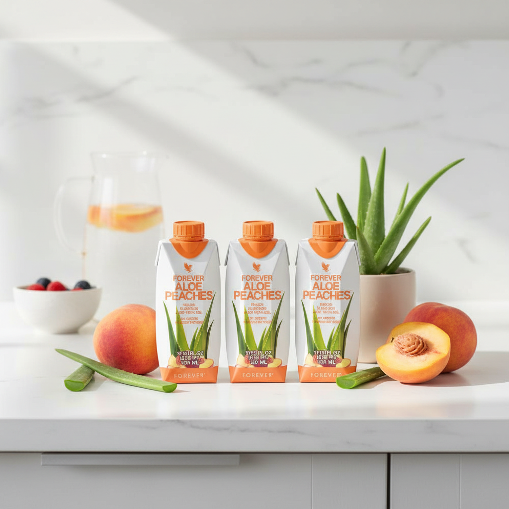 Forever Aloe Peaches minis on kitchen counter with fresh peaches and aloe vera plant