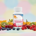 HeightFactor Chews bottle with cherries and berries on pastel background