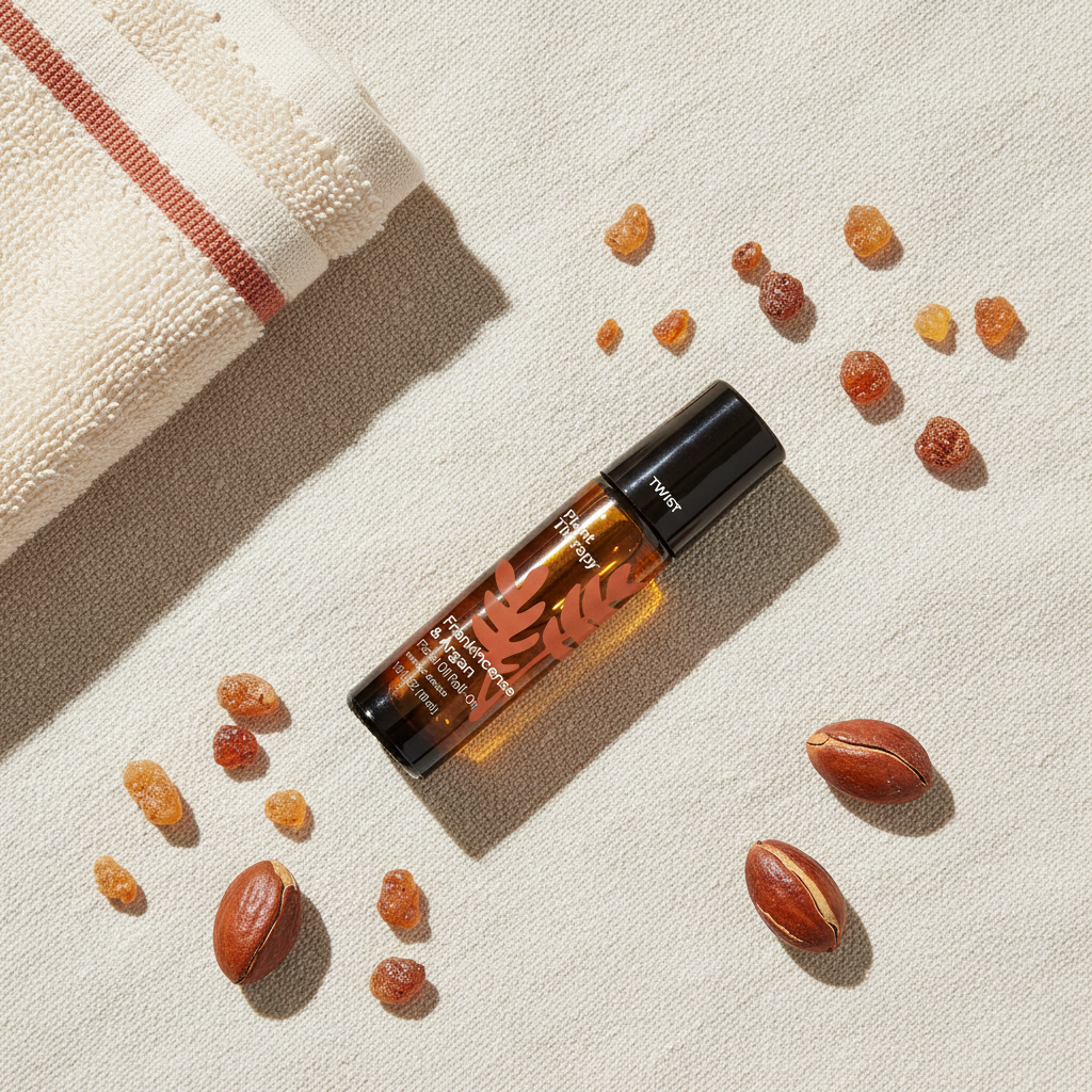 Frankincense & Argan facial oil flat lay with resin and nuts