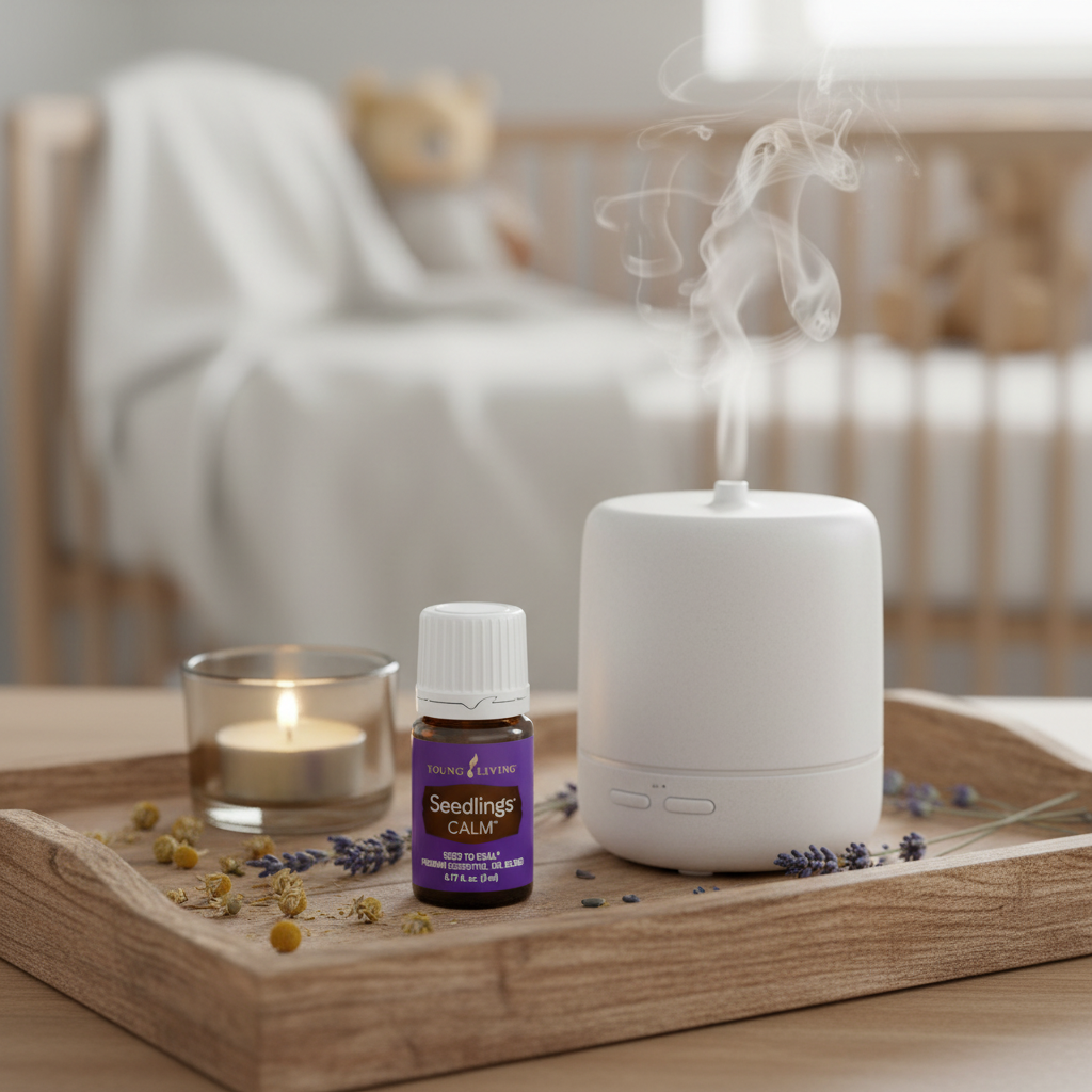 Seedlings Calm essential oil next to diffuser with chamomile and lavender in nursery
