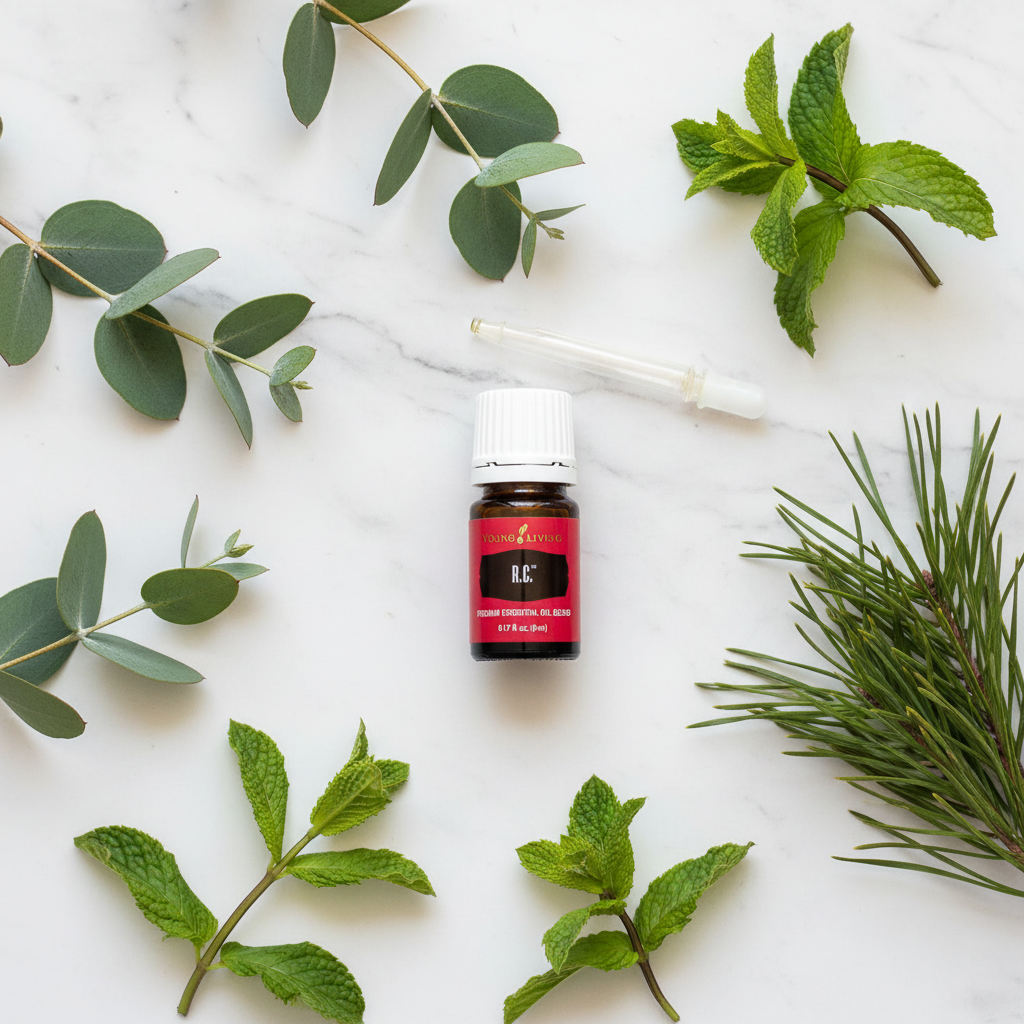 R.C. essential oil flat lay on marble with eucalyptus and pine