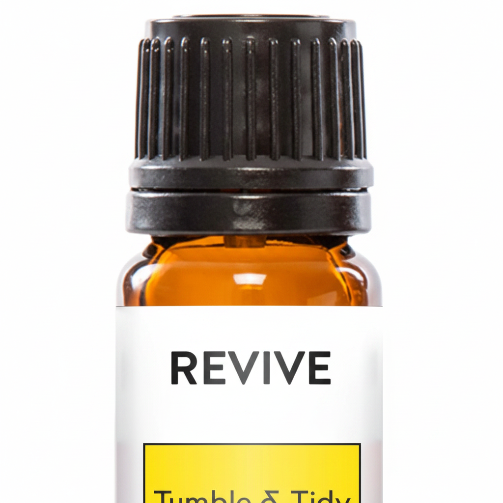Close-up label detail shot of Tumble & Tidy bottle