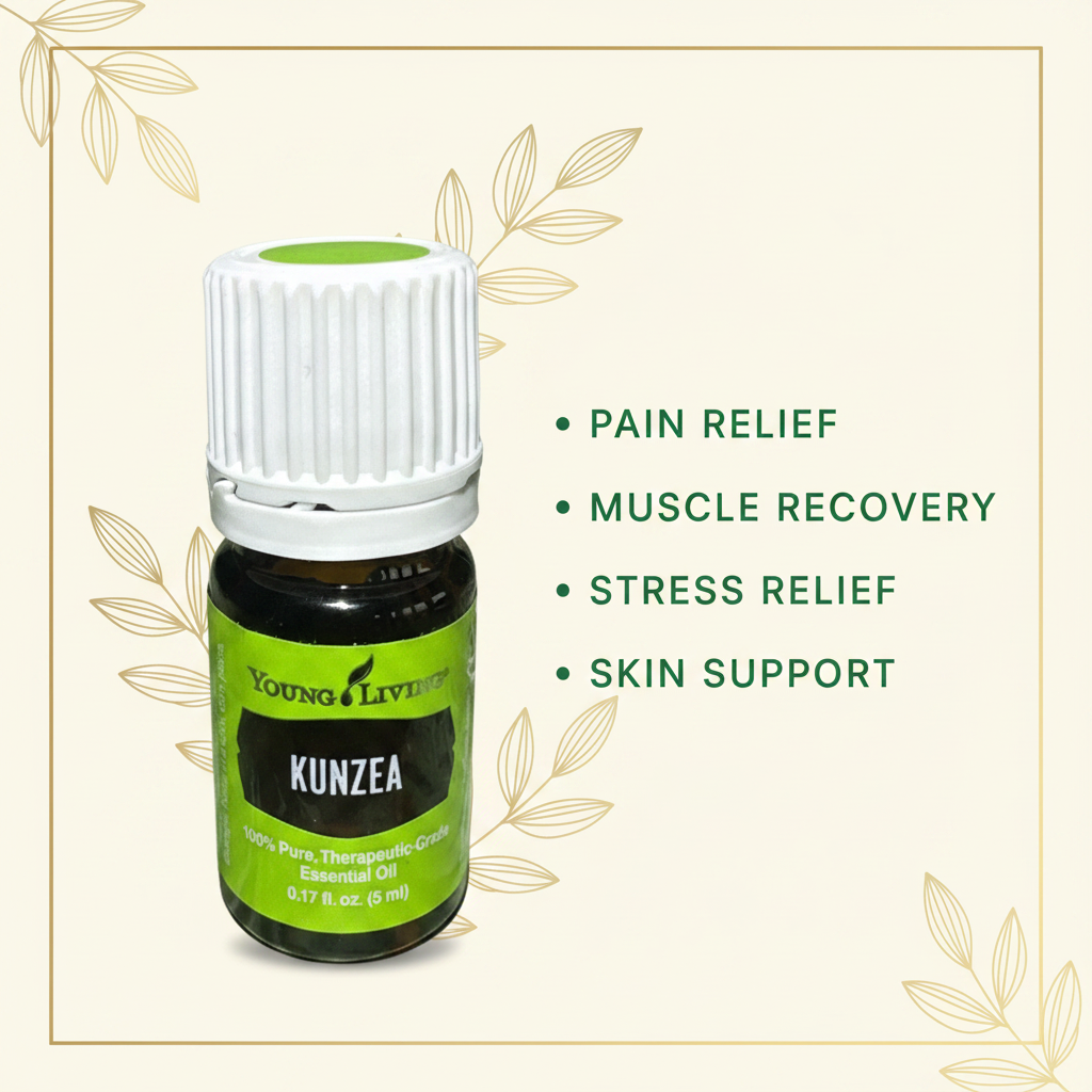 Kunzea oil uses infographic - pain relief muscle recovery stress relief skin support