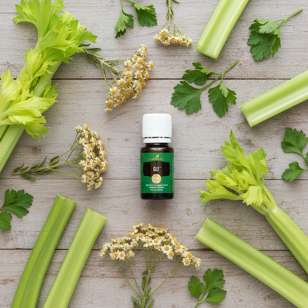 GLF bottle on wood with celery, helichrysum and green herbs for liver wellness