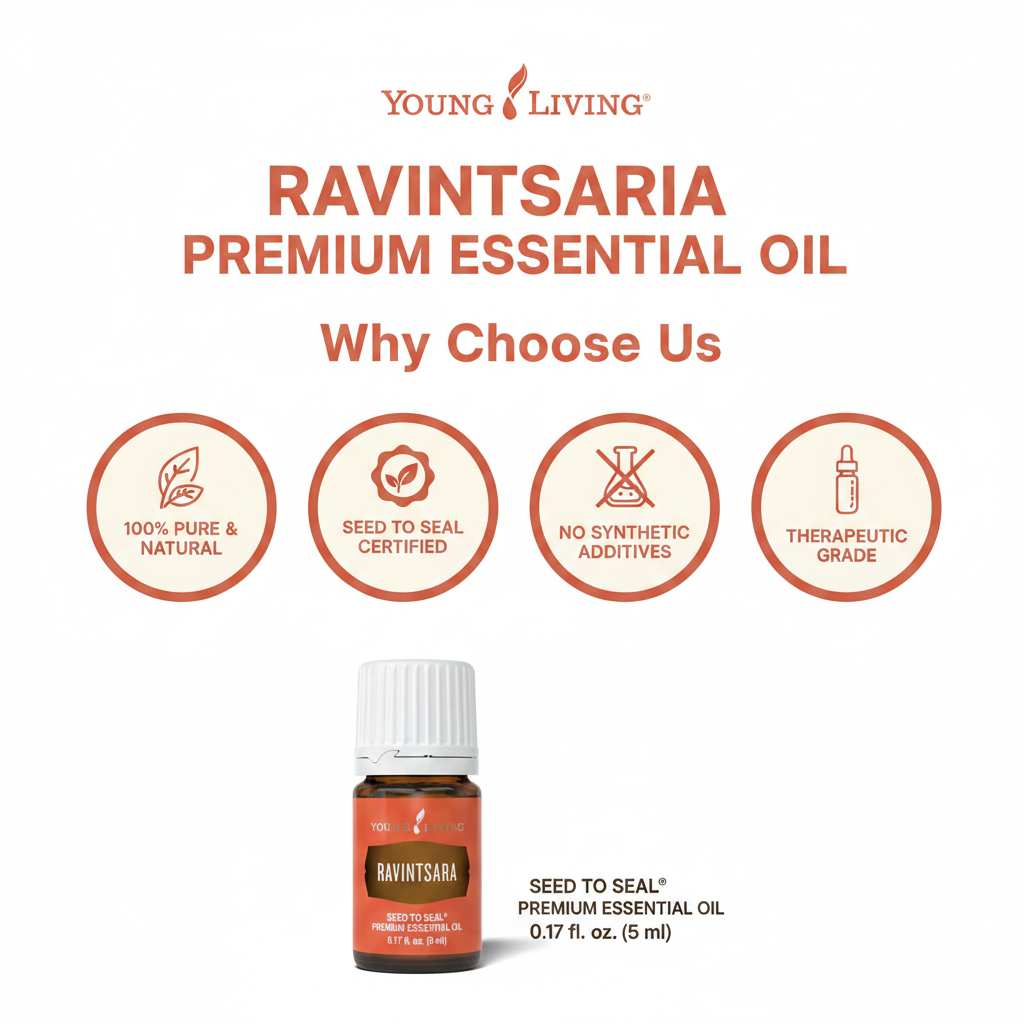 Ravintsara Essential Oil quality badges infographic — pure, certified, therapeutic grade