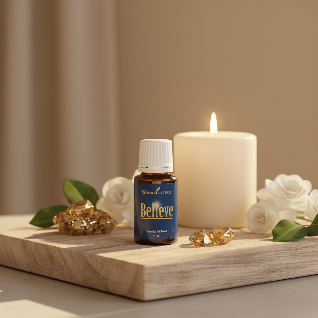 Believe essential oil on meditation tray with candle