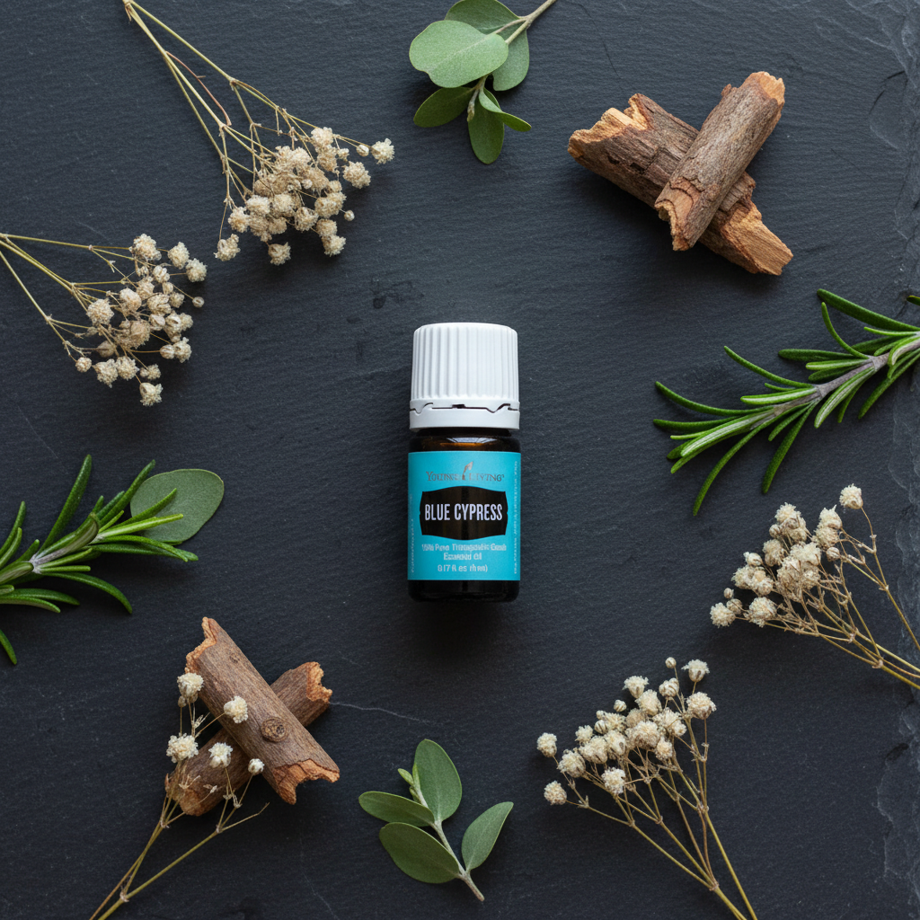 Blue Cypress essential oil flat lay on dark slate with botanicals