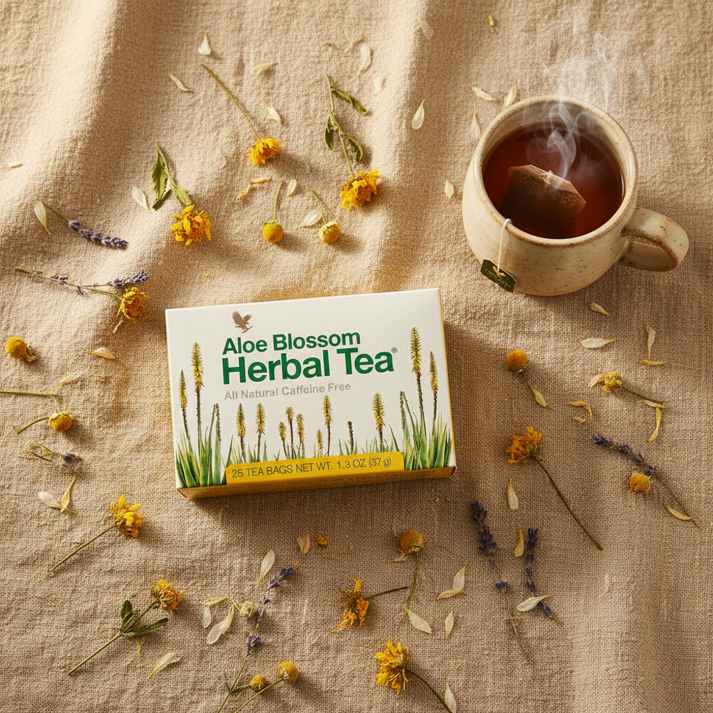 Forever Aloe Blossom Herbal Tea on sandy beige with dried flowers and ceramic mug