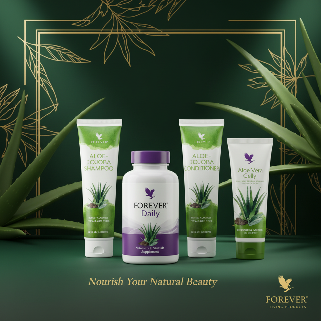 Forever Living natural beauty collection on deep forest green and gold background
