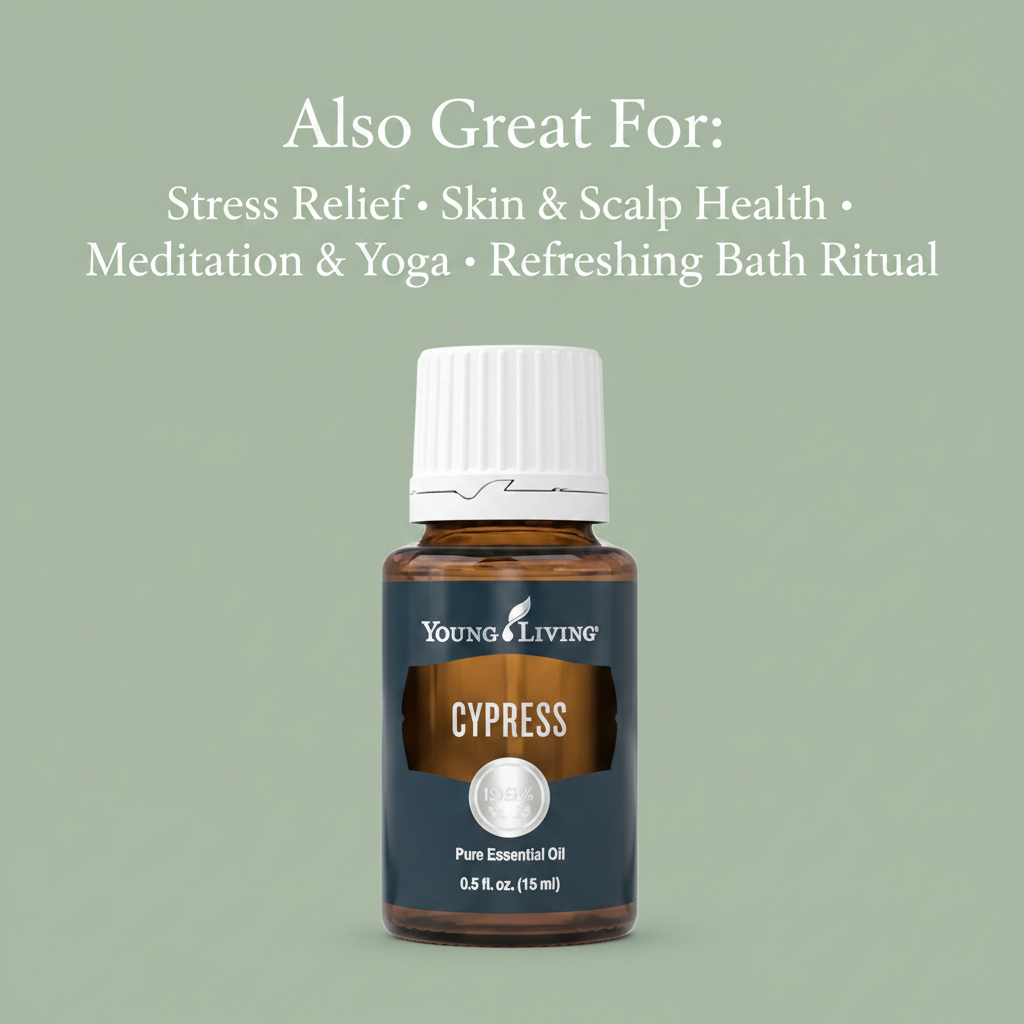Cypress essential oil infographic - Also Great For Stress Relief, Skin and Scalp Health, Meditation, Bath Ritual