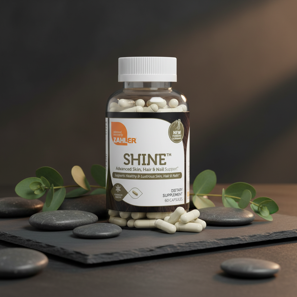 Zahler SHINE bottle on dark charcoal slate with eucalyptus and smooth stones spa aesthetic