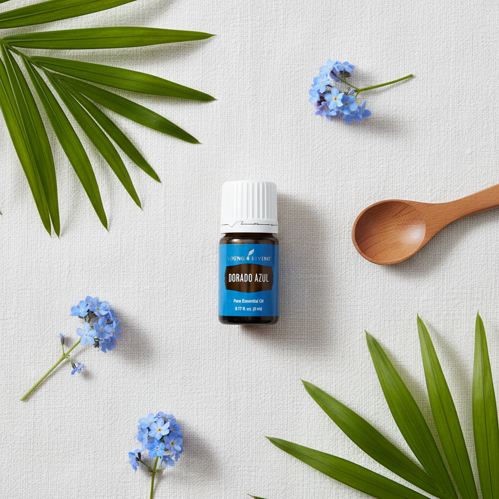 Dorado Azul essential oil flat lay with tropical leaves and botanicals