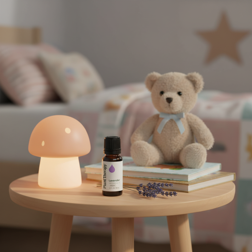 Lavender bottle on child's bedside table — KidSafe lifestyle scene