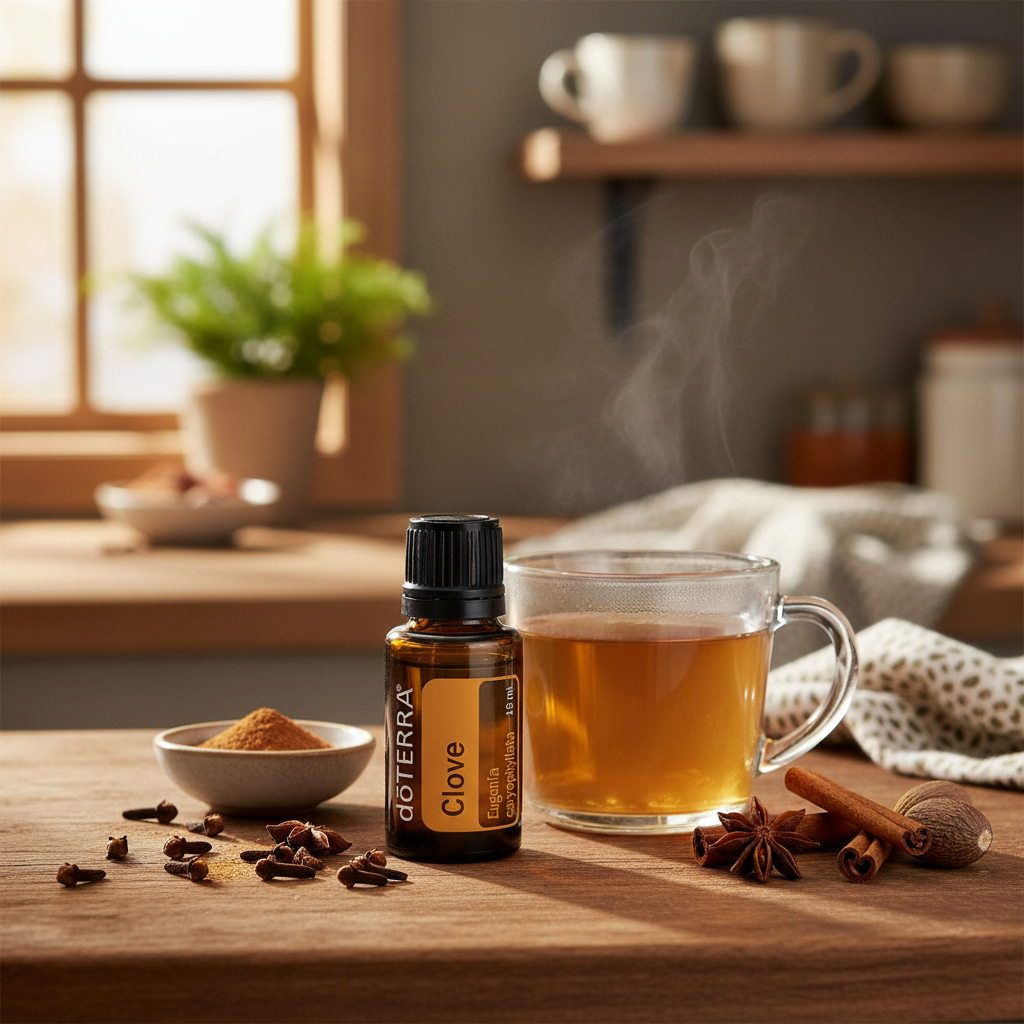 doTERRA Clove Essential Oil in cozy kitchen setting with warm spices and herbal tea