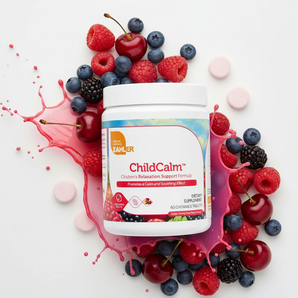 ChildCalm flat lay with mixed berries and chewable tablets