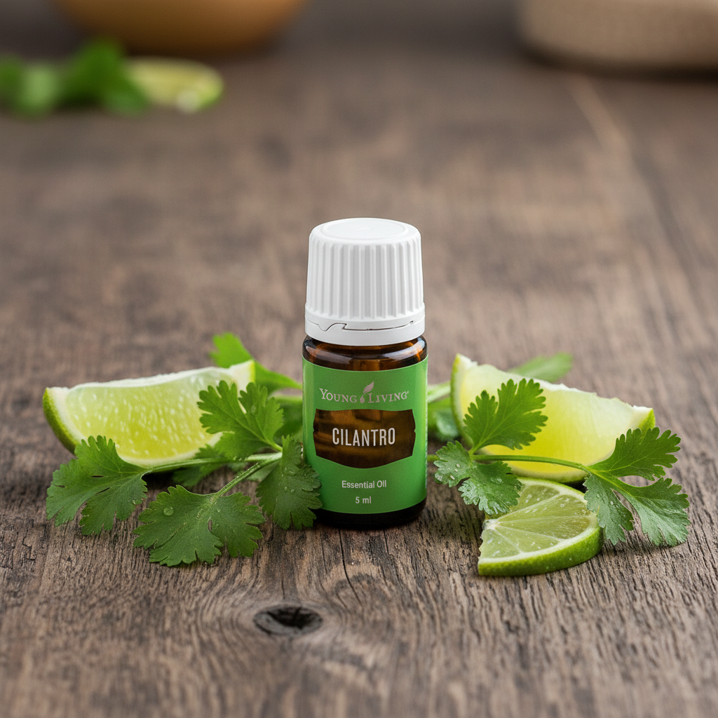Young Living Cilantro Essential Oil bottle on rustic wood with fresh cilantro and lime