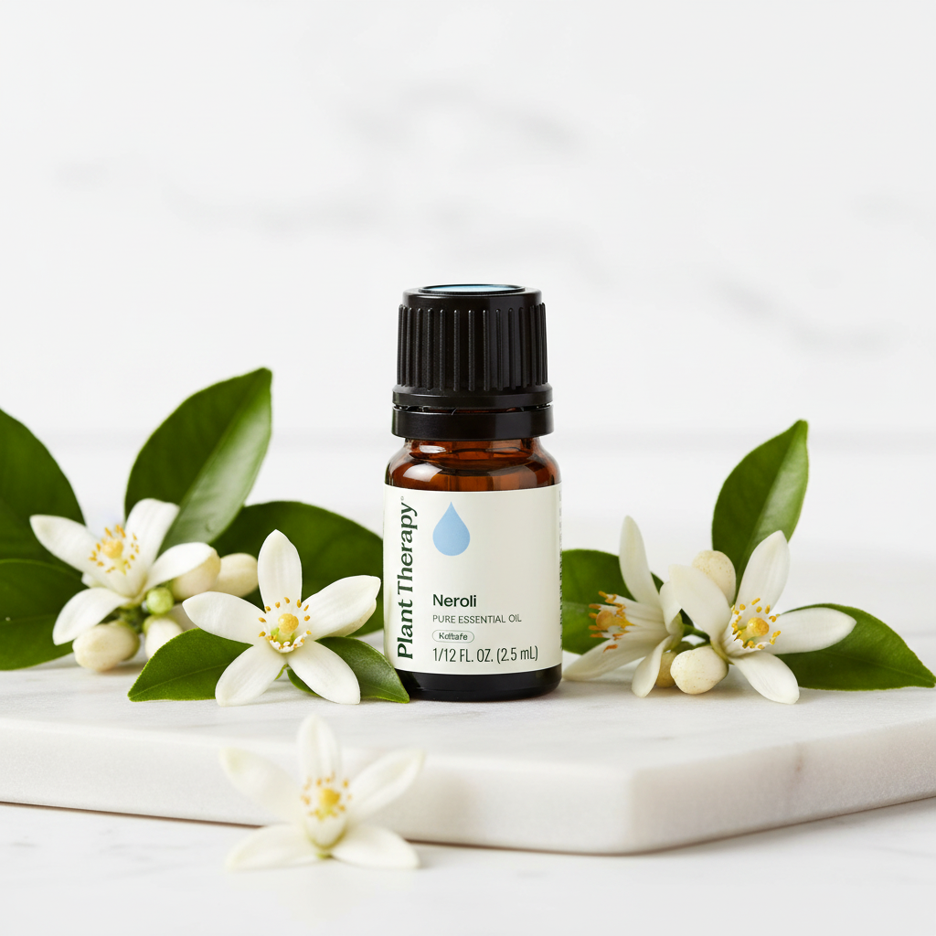 Plant Therapy Neroli Essential Oil on marble with fresh orange blossoms