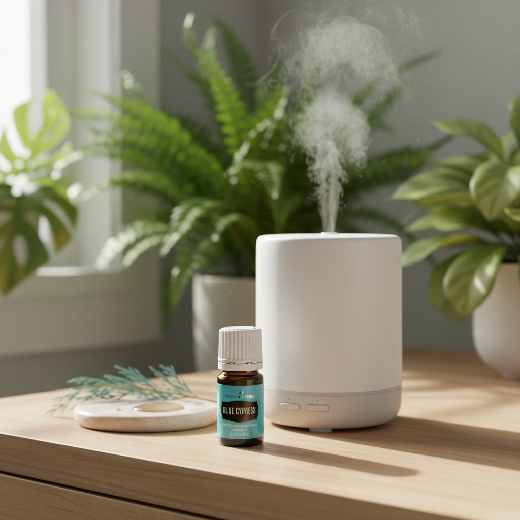 Blue Cypress essential oil on bathroom vanity with diffuser and morning light