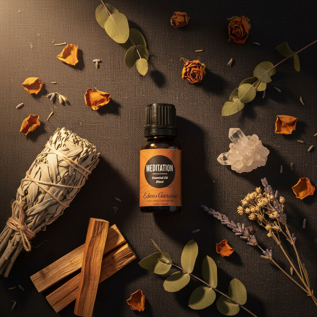 Edens Garden Meditation flatlay with sage palo santo and crystal cluster on dark linen