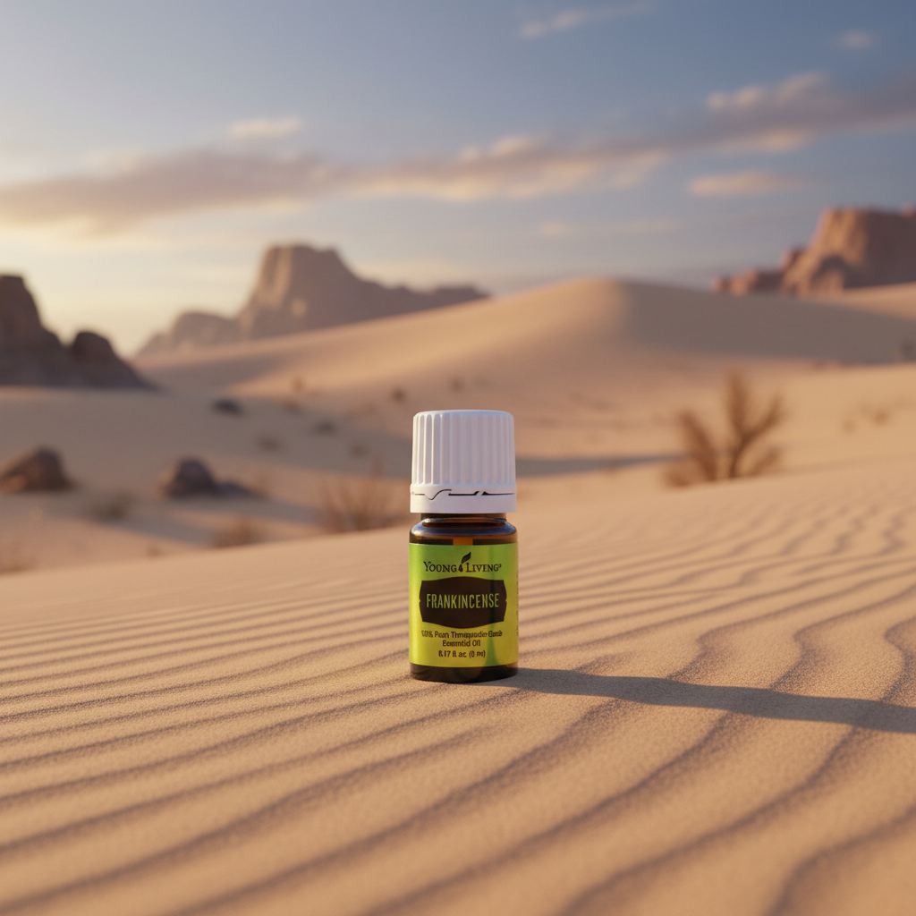 Frankincense essential oil on desert sand dunes at golden hour