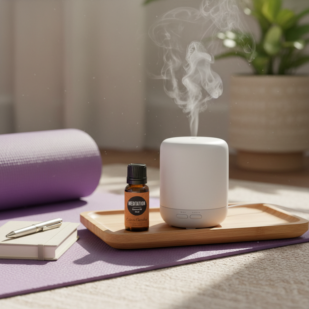 Edens Garden Meditation bottle on tray with diffuser yoga mat and journal