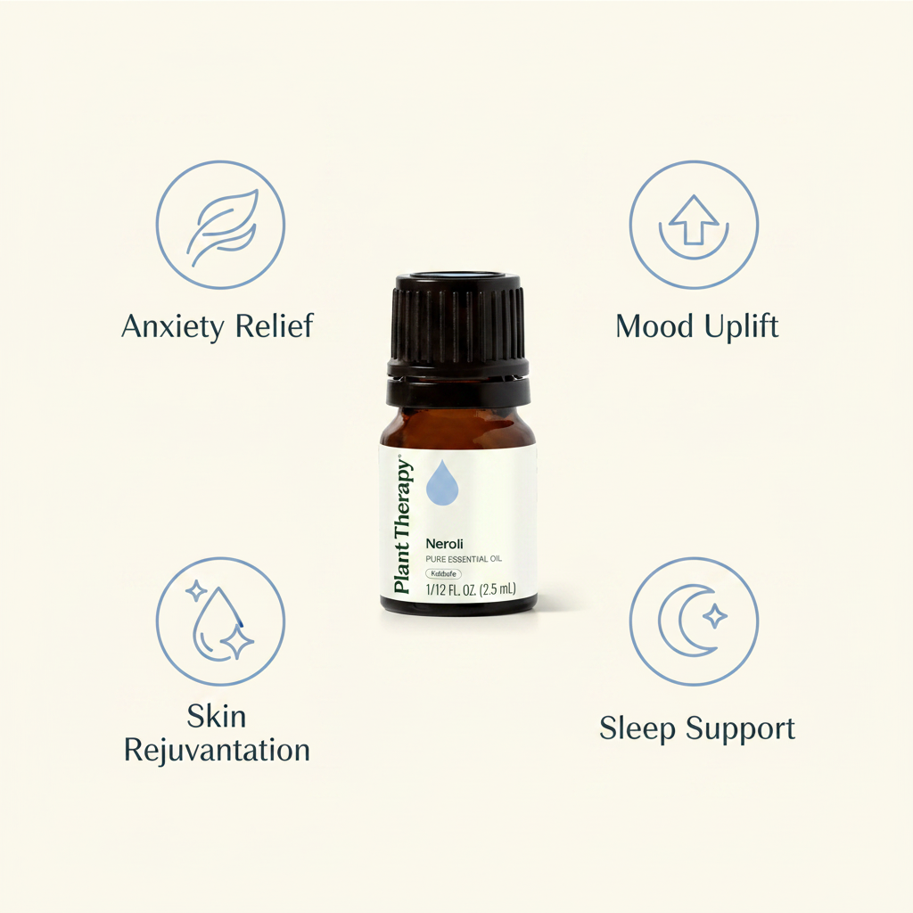 Neroli Essential Oil benefits infographic - Anxiety Relief, Mood Uplift, Skin Rejuvenation, Sleep Support