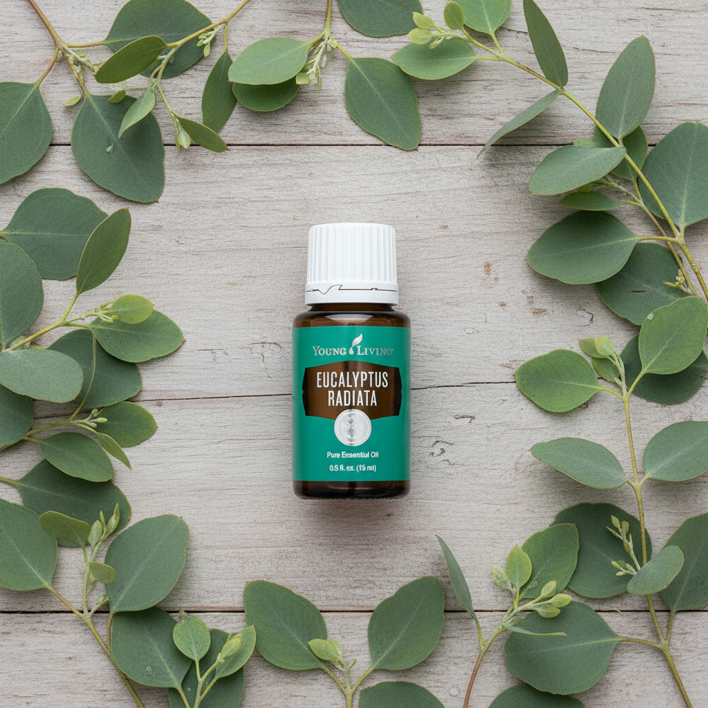 For Respiratory Support & Clear Breathing — Eucalyptus Radiata bottle with fresh eucalyptus leaves flat lay